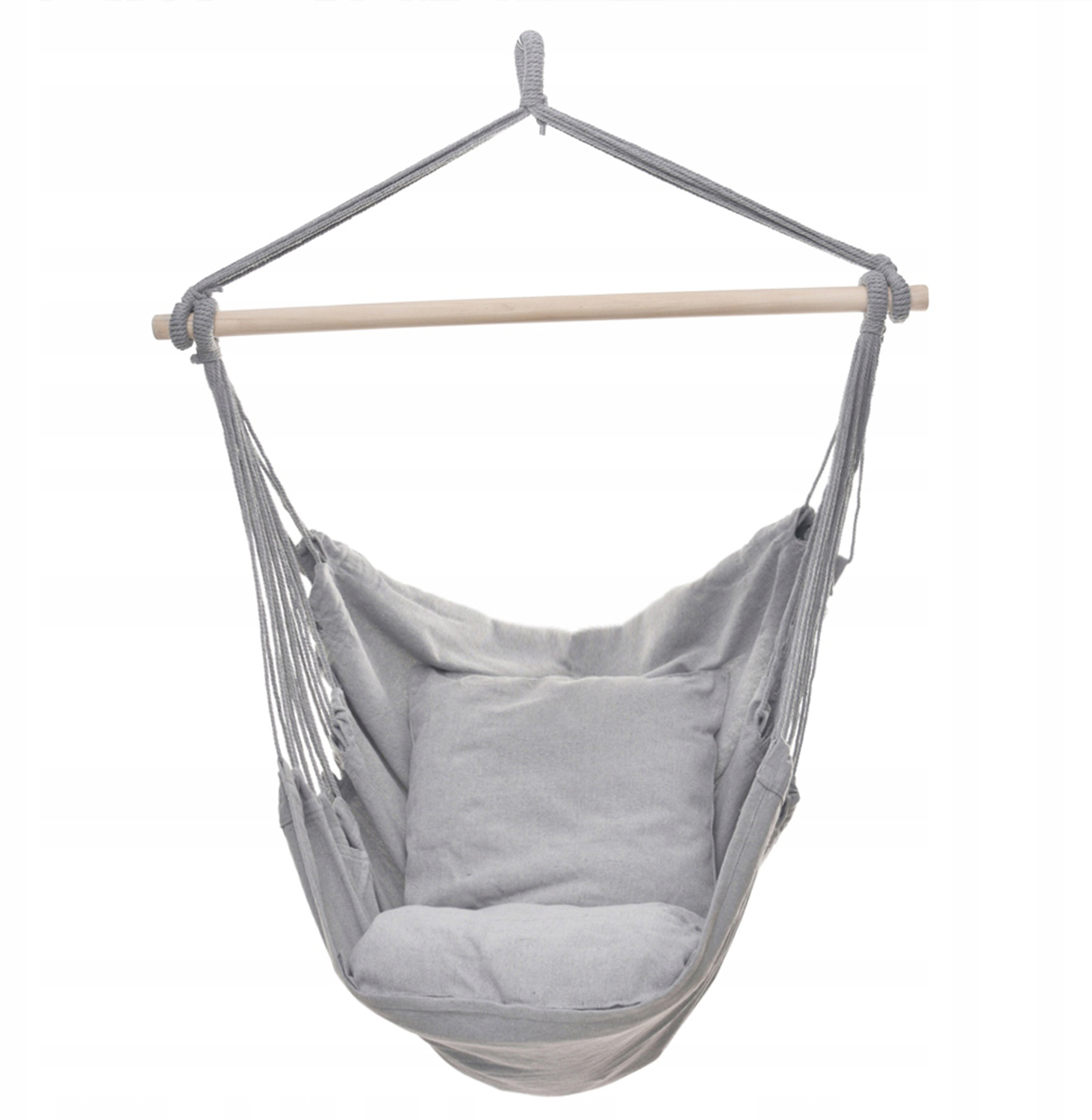 Wykonany z wytrzymałej szarej tkaniny, która tworzy wygodne siedzisko, poprzeczny drążek wykonany z drewna, utrzymuje materiał w odpowiednim kształcie i szerokości, zapobiegając jego zwijaniu i ułatwiając korzystanie z fotela. 