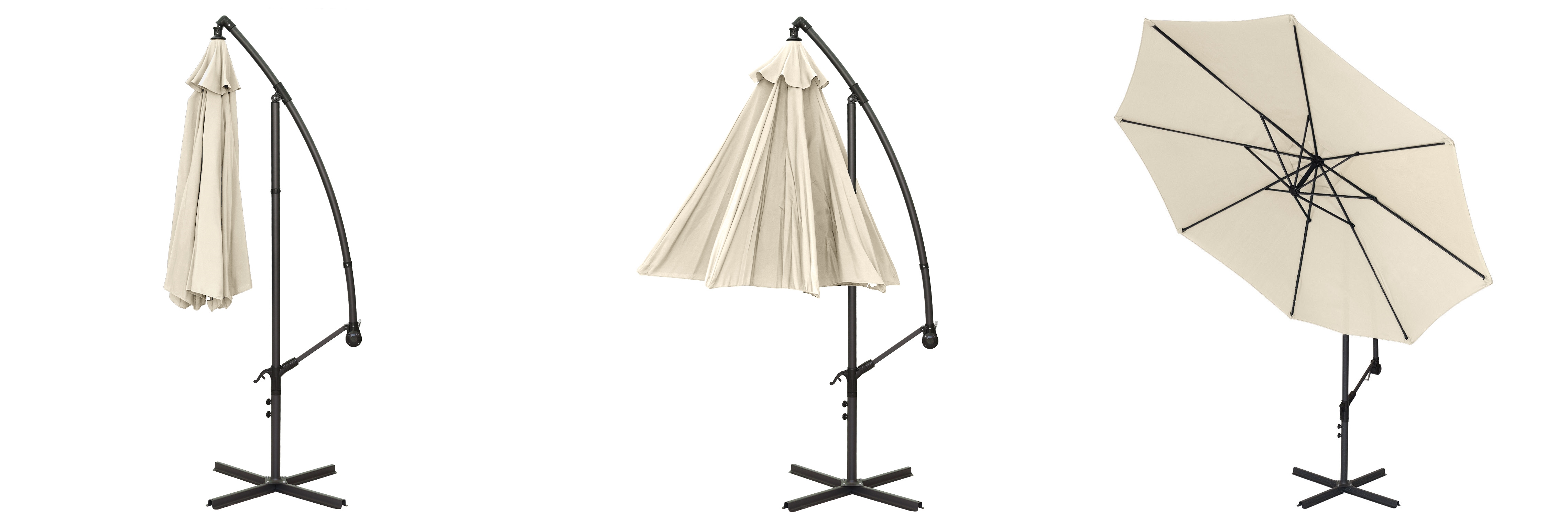 3 etapy rozkładania parasola. 