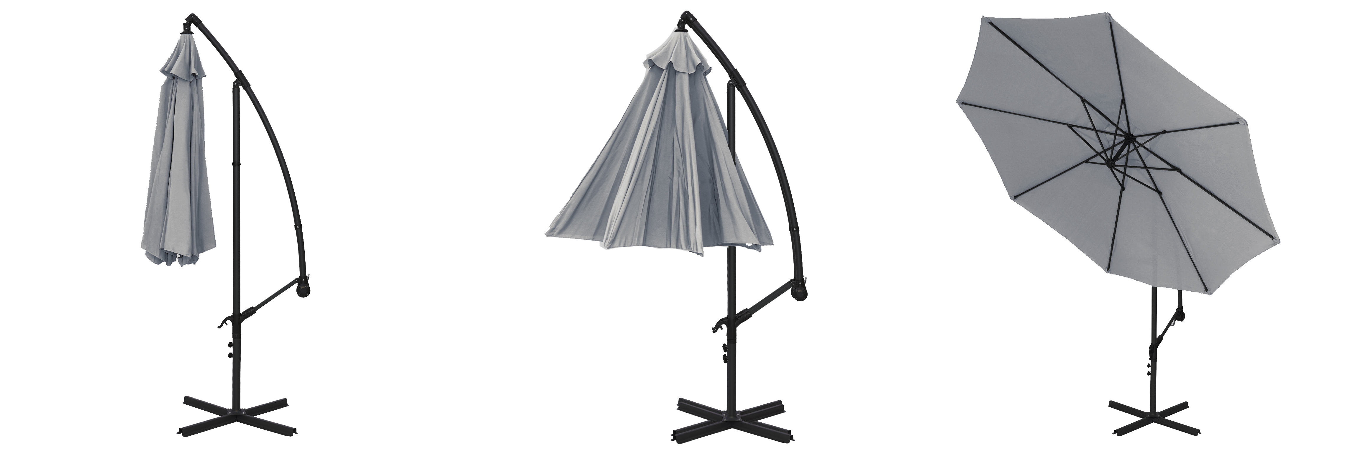 3 etapy rozkładania parasola. 